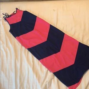 Pink and navy blue dress.